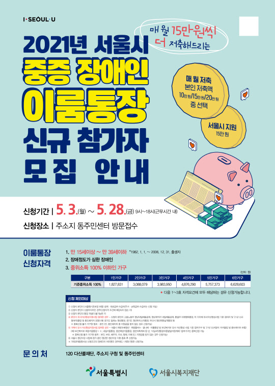 서울시 2021년도 중증장애인 이룸통장 신규 참가자 모집 안내 포스터. [서울시 제공]